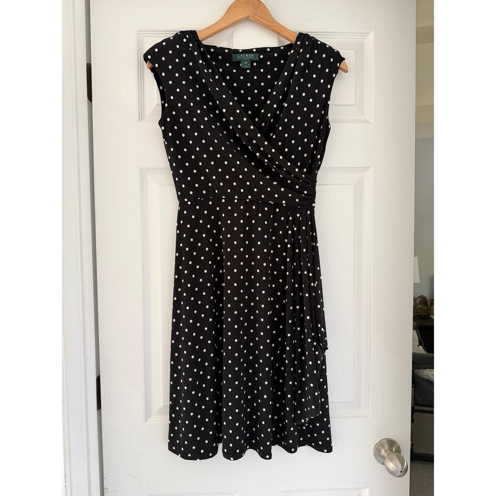 Ralph Lauren‎ Womens Black Polka Dot Midi Dress